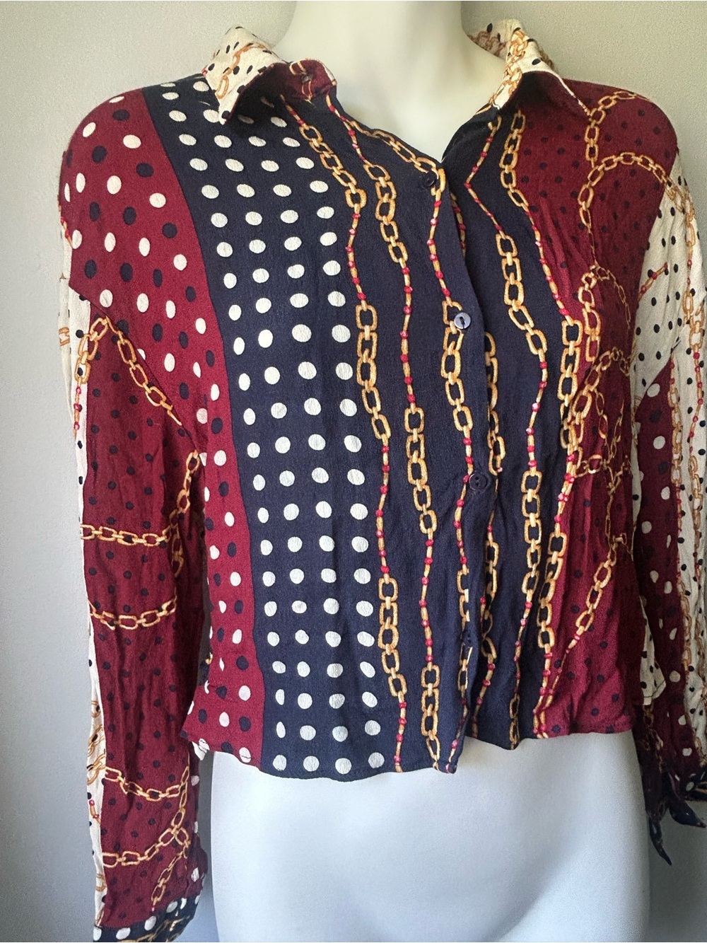 Mixed Print Button-Down Blouse in Burgundy, Navy & White - Picture 5 of 10